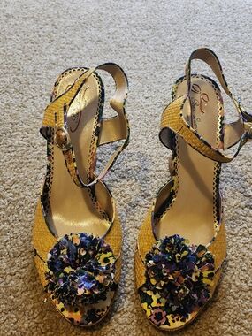 Poetic License Yellow Floral Pom-Pom Heels